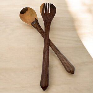 Vintage Olive Wood Salad Forks Utensils Tongs 2 tones